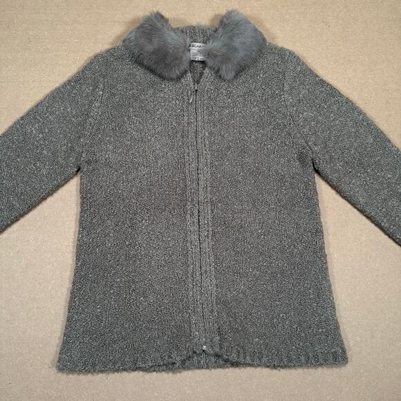 Vintage 90s Gray Bouclé Knit Sweater Jacket Faux Fur Collar Zip Front Women M - Picture 2 of 6